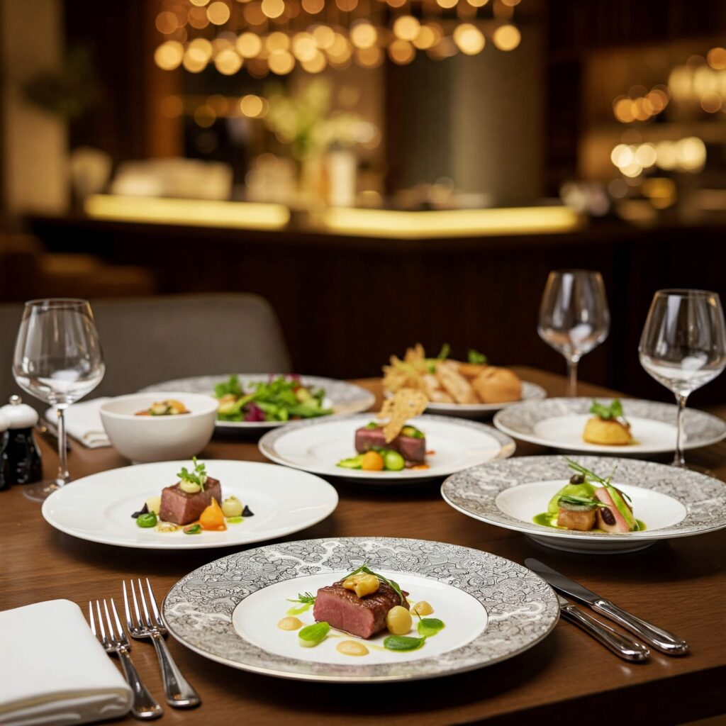 An elegant course set served on a restaurant table